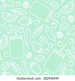 Fruits & berries and smoothie jars outline seamless pattern