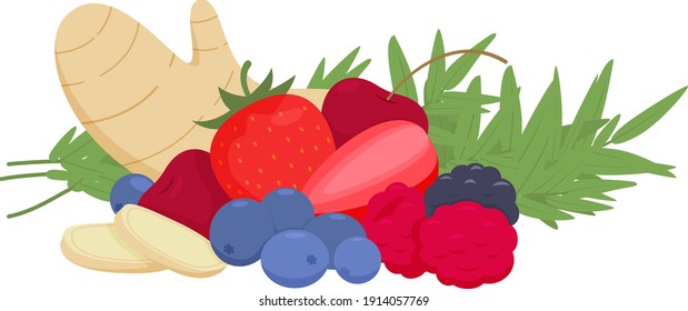 Fruits, berries and spicy herbs on a white background