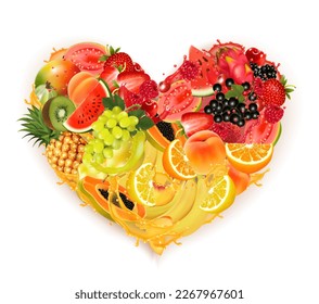 Fruits and berries in a splash of juice collected in the shape of a heart. Strawberry, raspberry, blueberry, blackberry, orange, guava, watermelon, pineapple, mango, peach, apple, kiwi, banana. Vector