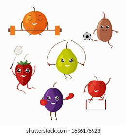 Fruits and berries sports characters. Orange, kiwi, strawberries, guava, plum and apple play sports. Isolated elements on white background.  Flat style, vector illustration.