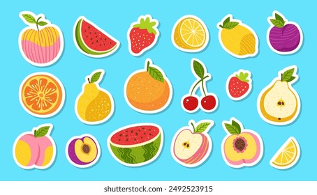 Conjunto de dibujos animados de la etiqueta engomada de frutas o bayas. Rebanadas de naranja limón cítrico, manzana, pera, sandía, frutas de melocotón, parche pegajoso de moda. Jugosa fresa, ciruela, cereza niños Clipart dibujado. Diseño de Vector para impresión