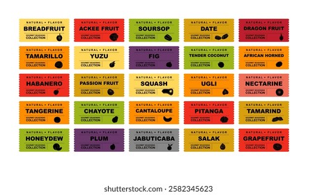 Fruits and berries stickers and labels. Different color packaging for food preparing and culinary. Bags with fruit. breadfruit, tamarind, nectarine, fig organic product for selling vector set.