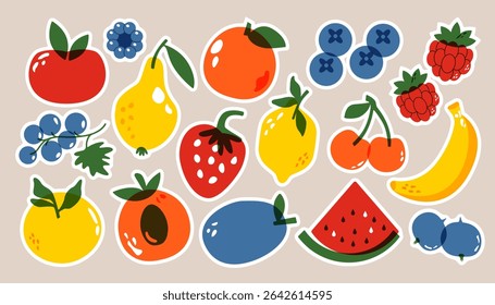 Fruits and berries stickers. Vintage botanical print with apple, cherry, plum, strawberry, blackberry, blueberry, raspberry, gooseberry risograph style. Vector isolated fruit set.