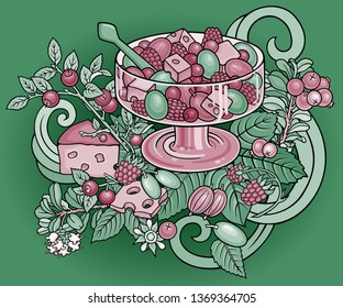 Fruits, berries, sweets hand drawn vector doodles illustration. Nature and food elements and objects cartoon background. Bright colors funny picture