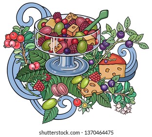 Fruits, berries, sweets hand drawn vector doodles illustration. Nature and food elements and objects cartoon background. Bright colors funny picture