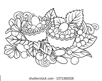 Fruits, berries, sweets hand drawn vector doodles illustration. Nature and food elements and objects cartoon background. Sketchy funny picture