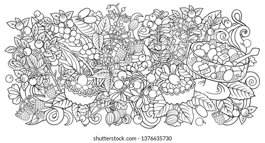 Fruits, berries, sweets hand drawn vector doodles illustration. Nature and food elements and objects cartoon background. Sketchy funny picture