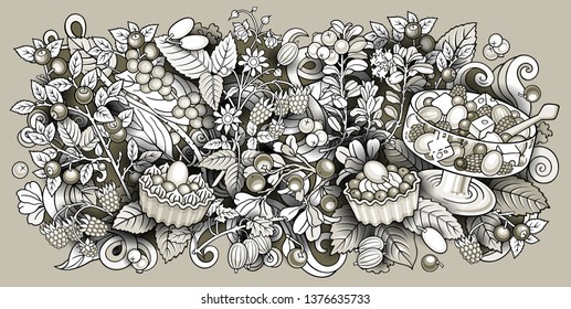 Fruits, berries, sweets hand drawn vector doodles illustration. Nature and food elements and objects cartoon background. Toned funny picture