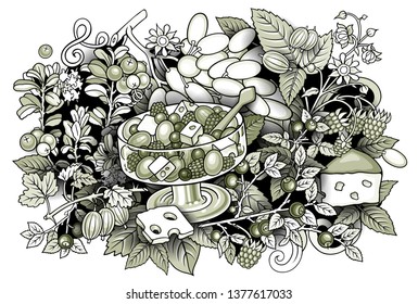 Fruits, berries, sweets hand drawn vector doodles illustration. Nature and food elements and objects cartoon background. Toned funny picture