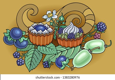 Fruits, berries, sweets hand drawn vector doodles illustration. Nature and food elements and objects cartoon background. Bright colors funny picture