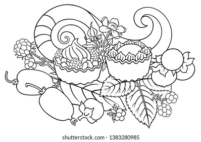 Fruits, berries, sweets hand drawn vector doodles illustration. Nature and food elements and objects cartoon background. Sketchy funny picture