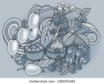 Fruits, berries, sweets hand drawn vector doodles illustration. Nature and food elements and objects cartoon background. Bright colors funny picture