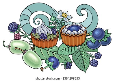 Fruits, berries, sweets hand drawn vector doodles illustration. Nature and food elements and objects cartoon background. Bright colors funny picture