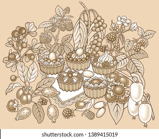 Fruits, berries, sweets hand drawn vector doodles illustration. Nature and food elements and objects cartoon background. Toned funny picture
