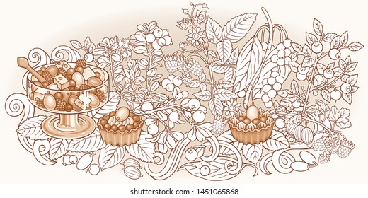 Fruits, berries, sweets hand drawn vector doodles illustration. Nature and food elements and objects cartoon background. Bright colors funny picture