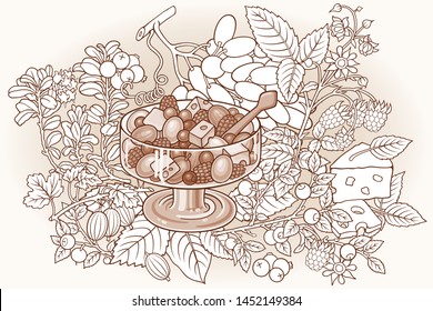 Fruits, berries, sweets hand drawn vector doodles illustration. Nature and food elements and objects cartoon background. Bright colors funny picture