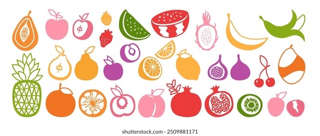 Conjunto de dibujos animados de símbolos de frutas o bayas. Rebanadas de limón, naranja, manzana, pera, sandía, melocotón, papaya, higo, piña, dragón, kiwi, mango, plátano, granada. Signo de Vector dibujado simple fresa ciruela cereza