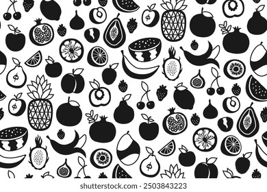 Fruits, berries symbol seamless pattern. Sliced lemon orange apple pear watermelon peach pineapple dragon fruits mango banana pomegranate boundless background. Simple endless cartoon vector art design