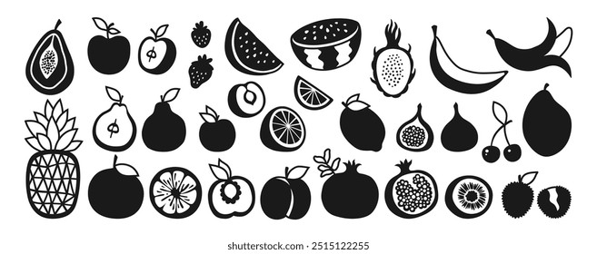 Fruits or berries symbol set. Sliced lemon orange apple pear, watermelon peach papaya fig pineapple dragon fruits kiwi mango banana pomegranate stencil. Vector sign drawn simple strawberry plum cherry