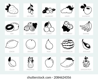 Frutos y bayas -se incluyen iconos de línea delgada.Colección de iconos de esquema.Se incluyen iconos vectoriales simples como el mango, el plátano, el fruto del dragón, la manzana, el arándano, la fresa, etc..Ilustración vectora