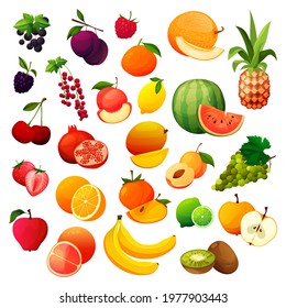 Fruits and berries, tropical jucy sweet food. Vector isolated icons set. Apple, grape, banana, melon and watermelon, pineapple, organic orange and lemon citrus fruits, strawberry, plum and cherry