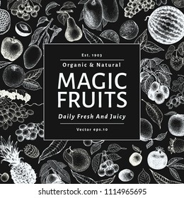 Fruits and berries vector background on chalk board. Hand drawn food illustrations. Retro engraved style banner design. Can be use for menu, label, packaging, farm market products.