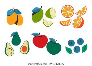 Fruits and berries vector cartoon set isolated on a white background.