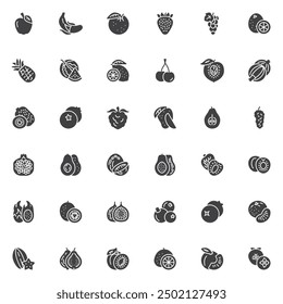 Conjunto de iconos vectoriales de frutas y bayas, colección de símbolos sólidos modernos, paquete de pictogramas de estilo relleno. Señales, ilustración del logotipo. El conjunto incluye iconos como manzana, plátano, naranja, fresa, kiwi, granada