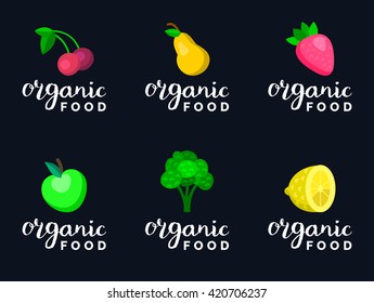 Fruits and berries vector illustration in flat style: cherry, apple, pear, lemon, strawberry, broccoli for eco food logos and organic products signs. Healthy meal and  drinks icons set.