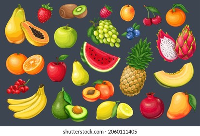 Fruits and berries vector illustration. Lemon, watermelon, avocado,peach, apple, orange, and melon. Pomegranate, pitaya, raspberries, strawberries, grapes and blueberries.