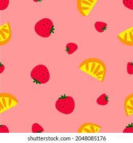 Fruits and berries vector illustration pattern. Fresh, juicy berries. Pink cartoon strawberries and slices of orange on the pink background. 