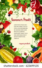 Fruits and berries vector poster. Summer harvest of pomegranate and pear, tropical papaya or mango and red currant or strawberry. Watermelon, orange grapefruit and avocado with grapes and raspberry