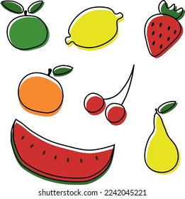 Fruits and berries, vector set. Black outline and colored spot. Apple and pear, cherry and strawberry, lemon and orange, watermelon.