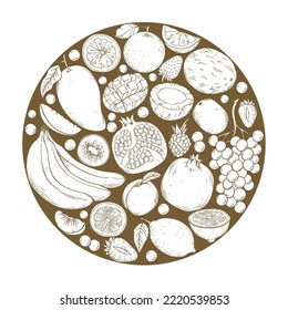 Fruits and berries, vector set hand drawn sketch illustration in a circle on white background.