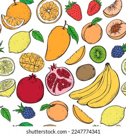 Fruits and berries, vector set hand drawn sketch illustration seamless pattern on white background.