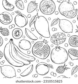 Fruits and berries, vector set hand drawn sketch illustration seamless pattern on white background.