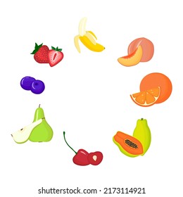 Fruits and berries vegan vector flat isolated illustration collection. Tasty summer fruits and berries element. Variants of tastes. Colorful flat style cartoon food. Eco food concept.