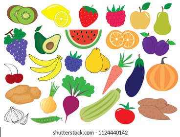 Fruits, berries and vegetables cartoon, icon. Set. Vector illustration