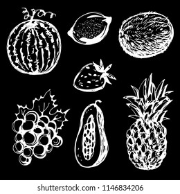 Fruits, berries, vegetables, coconut. Hand drawn isolated on a black background vintage sketch set