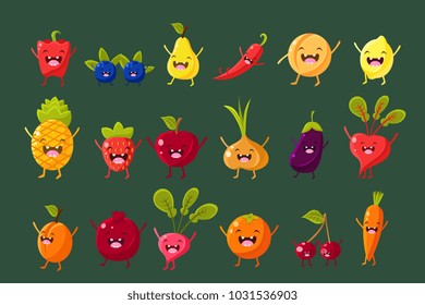 Fruits, berries and vegetables sett, pepper, blueberry, lemon, orange, pear, strawberry, onion, eggplant, beetroot, apricot, pomegranate, cherry, carrot vector Illustrations