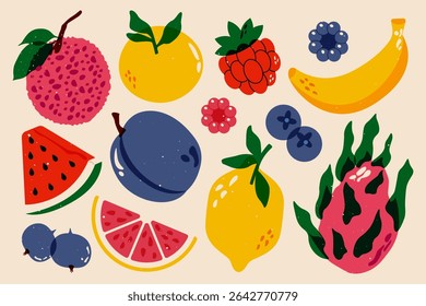 Fruits and berries. Vintage nature print with orange, dragon fruit, plum, watermelon, grapefruit, blackberry, blueberry, raspberry, lemon risograph style. Vector retro fruit set.