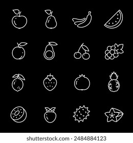 Fruits and berries, white line icons. Various fruits and berries. Essential for food and nutrition themes. Symbols on black background. Editable stroke.