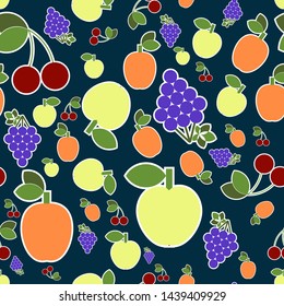 fruits and berries in a white stroke on a dark azure background. seamless pattern. vector
