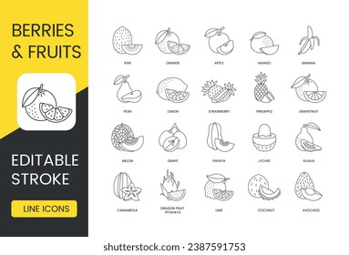 Fruits and berries whole and sliced, set of line icons in vector, editable stroke. Avocado and coconut, lime and dragon fruit, pitahaya and carambola, guava and lychee, papaya and grape, melon