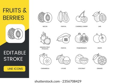 Fruits and berries whole and sliced, vector line icon set, editable stroke. Orange and coconut, lychee and carambola, grape and pomegranate, papaya and dragon, fruit and pitahaya, lime and cherries