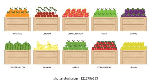 Fruits and berries in wooden box icons collection set isolated on white, vector  illustration.