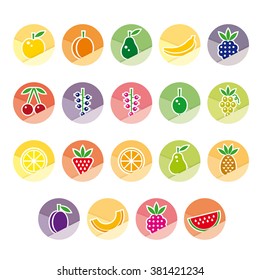 Fruits and berries in yogurt, cream, ice cream, icon set, vector