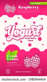 Fruits and Berries Yogurt Label Template. Abstract Vector Dairy Packaging Design Layout. Modern Typography Banner with Bubbles and Hand Drawn Raspberry Berry Sketch Silhouette Background. Isolated.