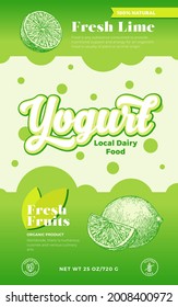 Fruits and Berries Yogurt Label Template. Abstract Vector Dairy Packaging Design Layout. Modern Typography Banner with Bubbles and Hand Drawn Lime Sketch Silhouette Background. Isolated.