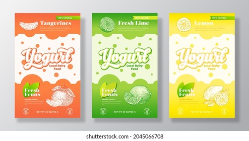 Fruits and Berries Yogurt Label Templates Set. Abstract Vector Dairy Packaging Design Layouts Collection. Modern Banner with Hand Drawn Tangerine, Lemon and Lime Sketches Background. Isolated.